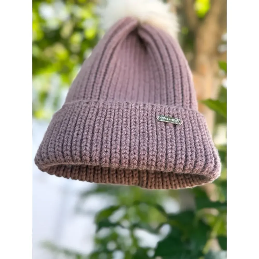 Steve Madden Women’s Knit Beanie Dusty Rose Pink Faux Fur Pom Pom Hat